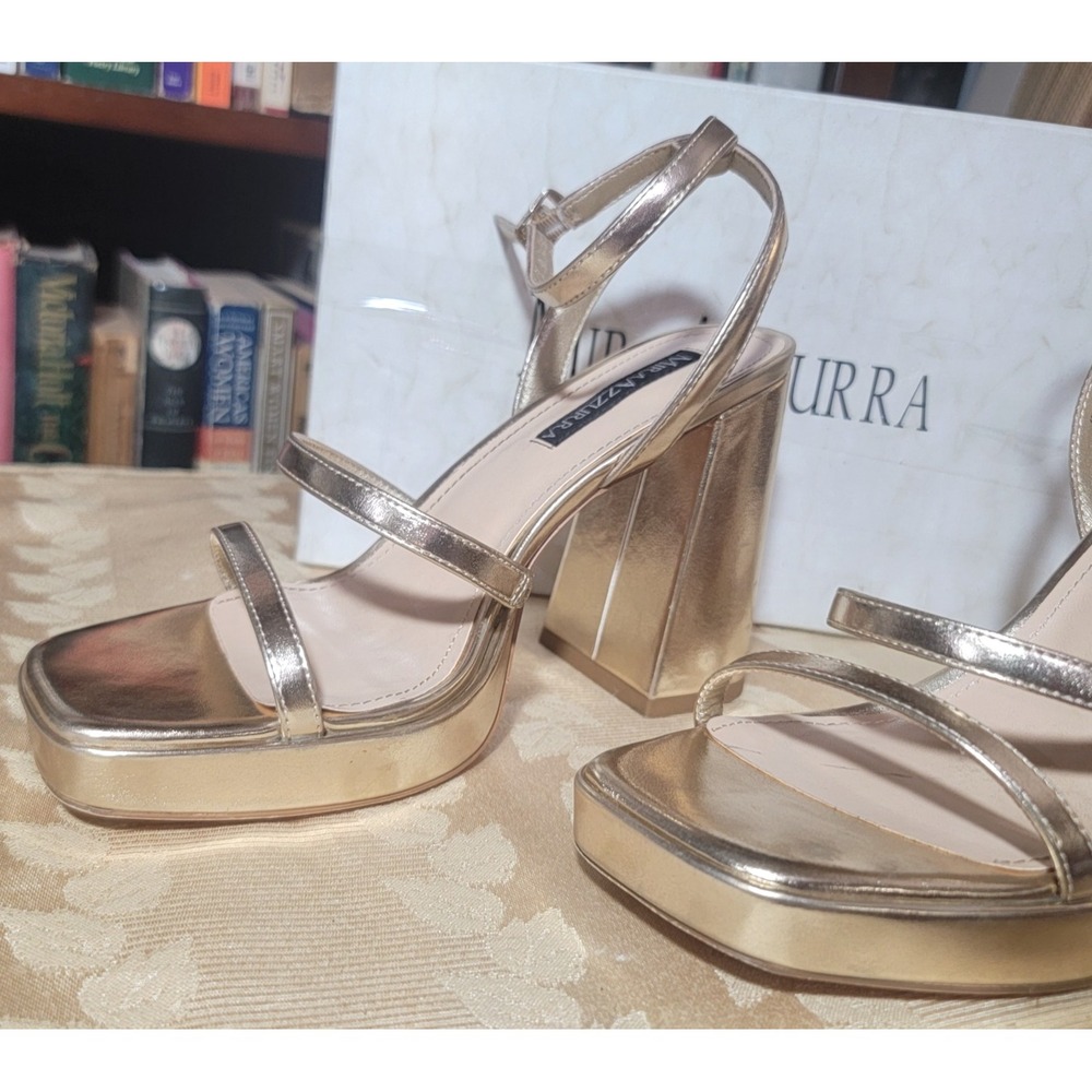 MIRAAZZURRA Glam Platform Strappy Sandals Square Open Toe Chunky Heel Gold sz 8
